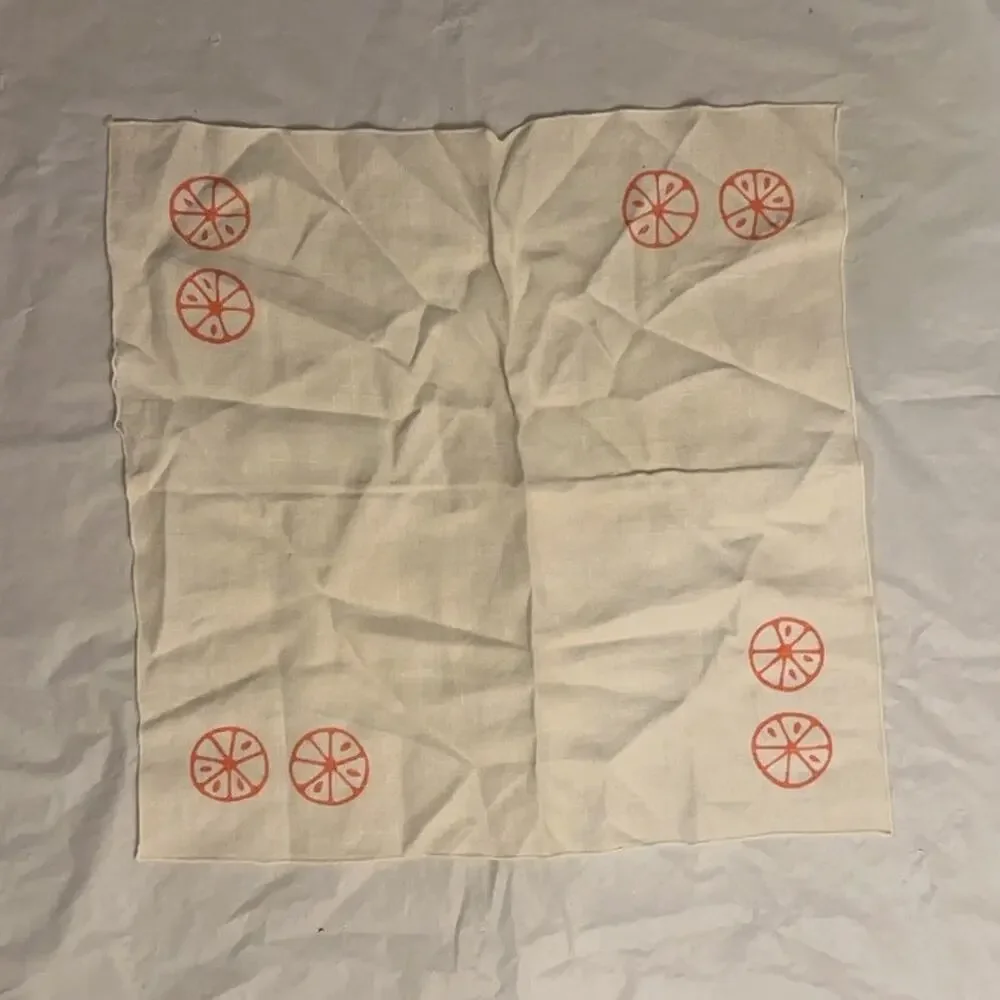 Vintage Linen Cocktail Napkins Orange Wheel Print 15 Square Lot of 2 Table Decor